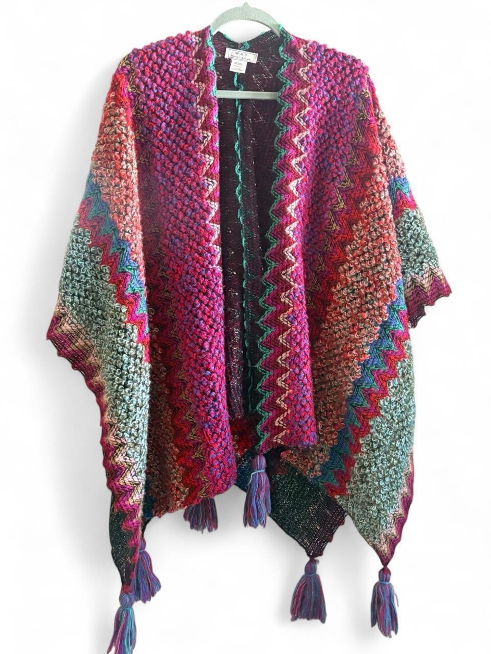 Multicolor Knit Poncho Sweater with Tassels - Women